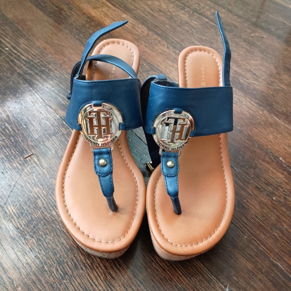 Tommy Hilfiger Cork Wedges Size 6.5 Tan and Navy Blue Gold Hardware